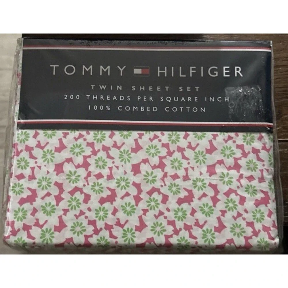 Tommy Hilfiger Twin Sheet Set 200 TC Kimono Floral Pink White Green Flowers New